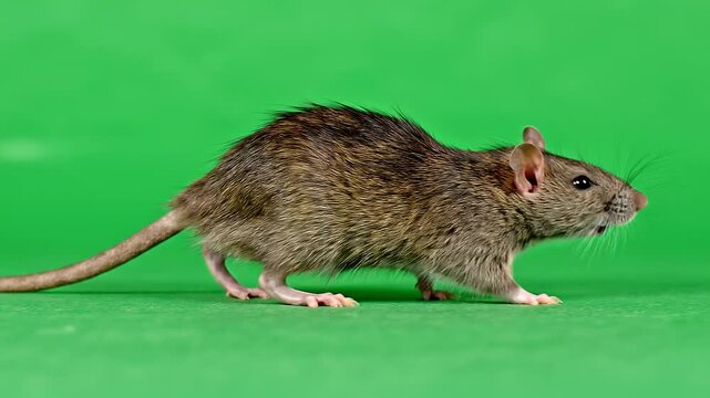 A realistic rat walking and running on a green screen background, isolated for easy compositing with chroma key effects