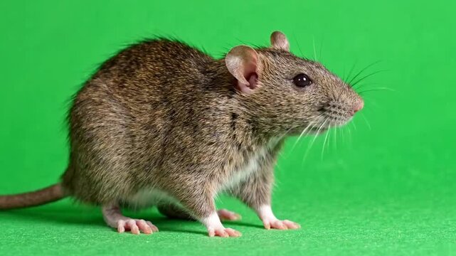 A realistic rat walking on a green screen background, isolated for easy compositing, showing a fast rat sprint with rat