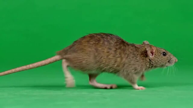 A realistic rat captured in a fast sprint running motion on a green screen background for easy compositing