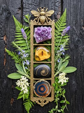 Golden frame with bee sculpture and colorful crystals surrounded by natural elements