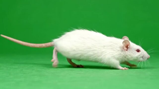 A realistic white rat captured in a fast sprint on a green screen background, isolated and ready for compositing