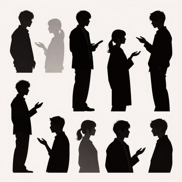 Ukiyo-E Collage Information. A Collage Of Silhouetted Humans Conversing In Private, Placed Against A Stark Paint Background