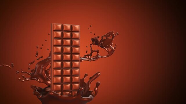 Chocolate bar surrounded by chocolate spash and swirl with copy space