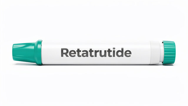 White pharmaceutical pen with teal caps labeled Retratrutide, isolated on white, suitable for medical advertising, pharmaceutical packaging and health product promotion
