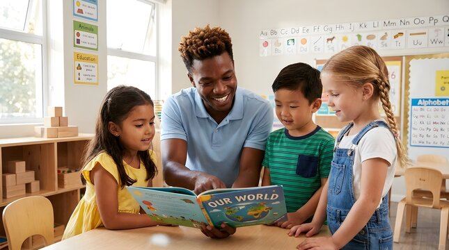 Male Teacher Pointing at a Book for a Group of Kids in a Bright Classroom