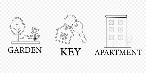 Fototapeta premium Real estate property line art icon set including garden key and apartment symbols with apartment property minimalist building residential architecture business ownership structure collection