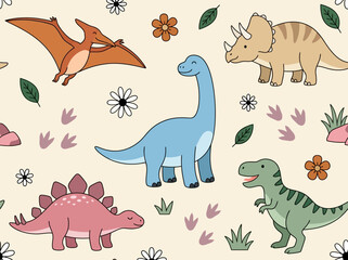 Seamless Pattern of Cute Cartoon Dinosaurs with Flowers and Leaves © Sabari