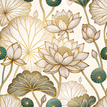 Seamless Chinese-style lotus flower print with gold lines depicting lotus blossoms and leaves. High resolution, suitable for printing on fabric and wallpaper.