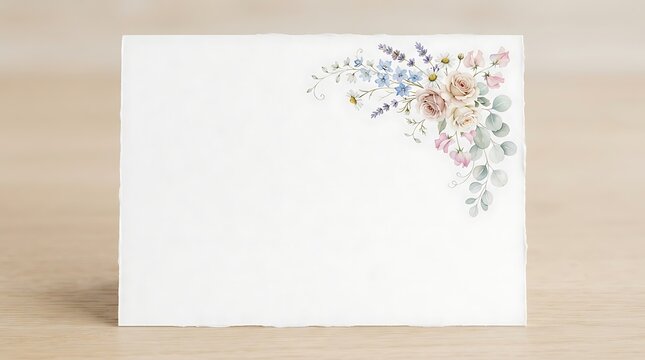 Blank card with floral corner arrangement on wooden background