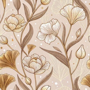 Seamless vintage print featuring ginkgo and tulip floral patterns with gold outlines, high resolution, and a pastel brown background. Suitable for fabric printing and wallpaper.