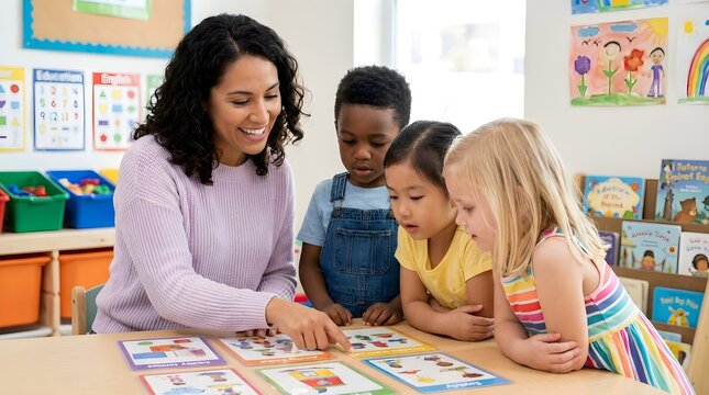 Friendly female teacher pointing at learning cards with children in classroom