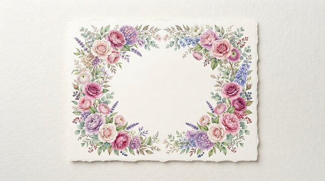 Watercolor floral frame with pink and purple roses and hydrangeas