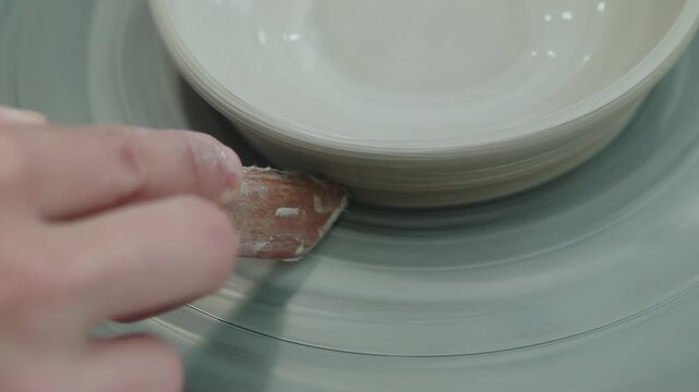 Removing excess clay from a plate using special tool - stack. Processing terracotta products on potter's wheel. Wooden tool in masters hand. Crafting, artwork and handmade concept