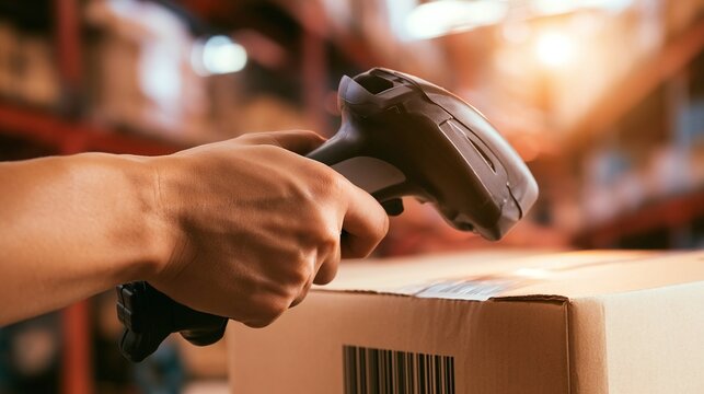 Warehouse worker scanning barcode on cardboard box closeup