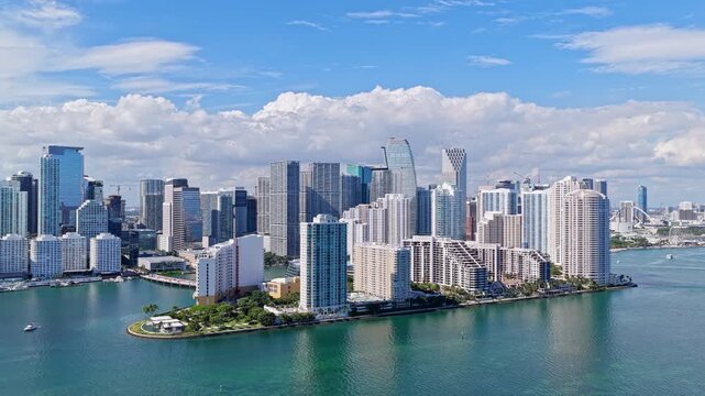 Aerial view of Miami cityscape skyscraper. City skyline aerial cityscape. Brickell Key downtown, 4k. Cityscape of Miami downtown. Florida modern skyscraper in downtown Miami. Aerial view