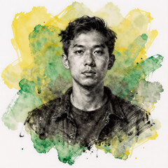 Fototapeta premium Charcoal Drawing Splash Jungle. Vibrant Yellow-Green Watercolor Splash As A Backdrop For The Image
