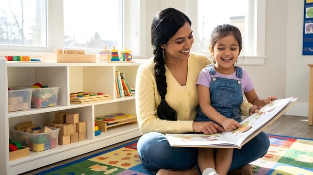 Teacher reading a colorful storybook with a happy preschool girl in classroom