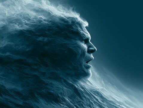 Ocean waves shaped like human face screaming, emotional nature concept, cinematic storm lighting style. 