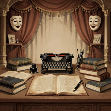 Ukiyo-E Typewriter. Hand-Drawn Illustration Featuring A Vintage Theater Scene With Inkwell, Pens, Books, Ancient Manuscripts, Typewriter, Antique Columns, Curtain, And Masks Of Drama And Comedy