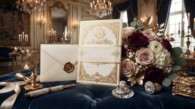 Elegant royal wedding invitation suite with floral bouquet and jewelry