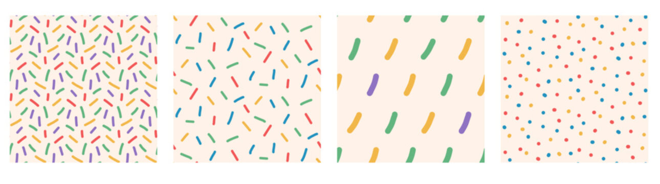 Small dash and polka dot in sprinkle seamless pattern set with random scattered confetti. Cute mini lines pieces on beige for birthday card. Rainbow vector small dash aop prints pack isolated