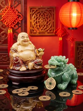 Elegant display of laughing buddha and pixiu figurine surrounded by chinese coins
