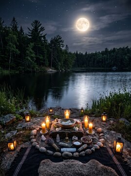 Serene lake setting featuring a moonlit water ritual adorned with candles and natural stones