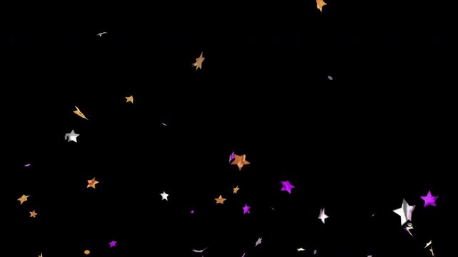 Explosions of multicolored confetti stars on a transparent background.