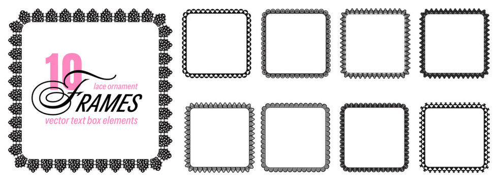 Gothic lace set with frame border and doily pattern for text box. Black square and rectangle shapes in ornate eyelet crochet. Vector lace element set with vintage detail isolated on white for promo