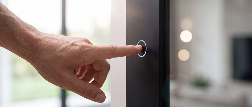 Finger pressing circular smart switch button on a sleek matte black frame with illuminated ring lighting in a bright modern home interior for home automation and smart security systems