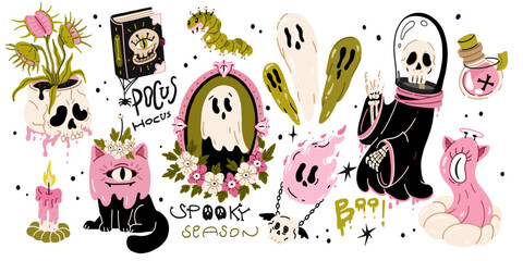 Pastel goth halloween sticker set with venus flytrap, ghosts, skeleton grim reaper, magic book, and creepy cat in naive style. Hand drawn witchy vector clipart collection isolated on white background  © MariAshma