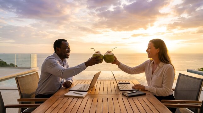 Business Partners Celebrating Project Success with Coconuts at Sunset