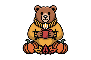 Fototapeta premium Cute cartoon brown bear wearing a cozy yellow knit sweater holding a steaming red mug of hot coffee with autumn pumpkins and fallen leaves around