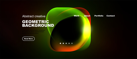 Naklejka premium Dark background features vibrant abstract shapes, text elements, navigation menu. Modern design, colorful gradients present.