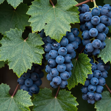Street Art Collage Fruit. Collage Of Vine Leaves And Blue Grapes In A Whimsical Style