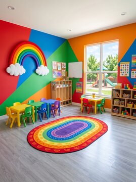 Vibrant and cheerful preschool classroom featuring rainbow decorations and engaging learning areas