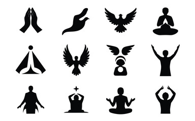 Fototapeta premium Black silhouettes of people meditating and birds in various yoga poses with depicting people meditation alongside birds flight flight conveying sense collection black spirituality mindfulness