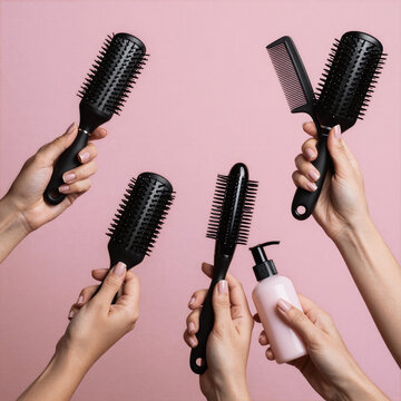 Dramatic Lighting Collage Beauty. Female Hands Holding Various Hair Care Products On A Pink Background