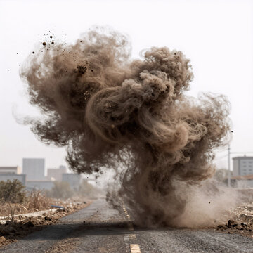 Neon Glow Texture Unhealthy. A 3D Realistic Illustration Showcases A Brown, Powdery Dust Cloud With Dirt Particles And Smog Textures On A White Background, Symbolizing City Air Pollution