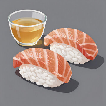 Vector Art Sushi Nobody. Japanese Cuisine With Salmon Sushi And Sake