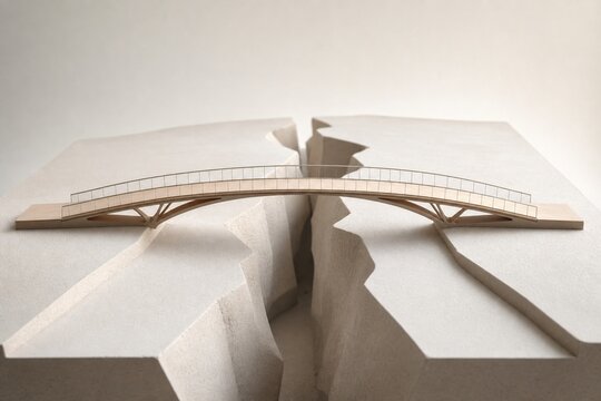A model of a slender bridge spanning a symbolic crack in a minimalist landscape.