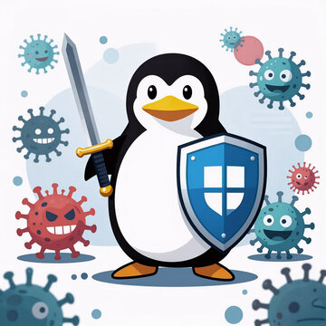 Linocut Cybersecurity Health Nature. Cartoon Depicts A Linux Penguin Wielding Sword And Shield Against Viruses, Symbolizing Cybersecurity With The Linux Operating System