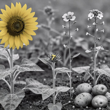 Black And White Ink Potato Legume. Image Of Various Crops, Showcasing The Stages Of Growth And Their Resilience In Biology