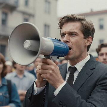 Retrofuturism Megaphone Using Voice. Man Using Megaphone To Amplify His Voice Across A Distance