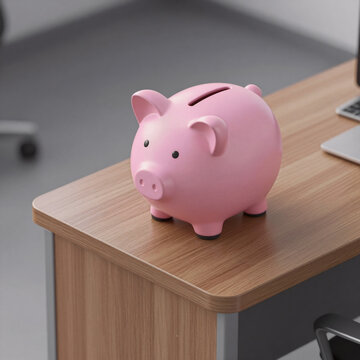 Isometric Bank 401K. Office Desk With A Pink Piggy Bank