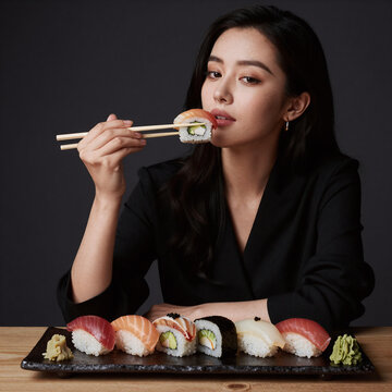 Noir Sushi Beautiful. Woman Enjoying Sushi With Chopsticks