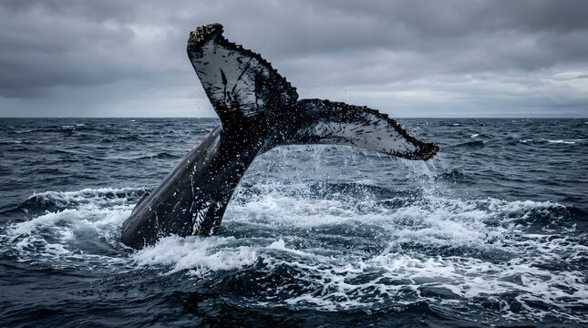 A majestic humpback whale tail breaching the ocean surface captured for world photography day to celebrate nature and wildlife marine beauty