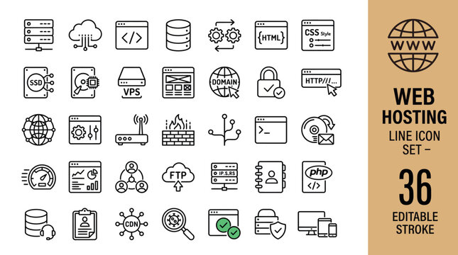 36 Editable Line Web Hosting Icons Set for Servers, Cloud Storage, SSL, FTP, Coding, Data Transfer, Internet Technology, Vector Design