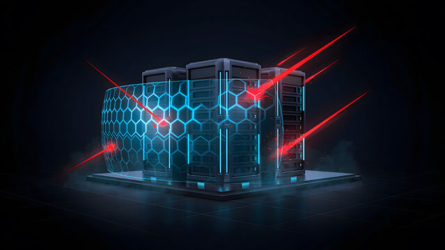 Digital server racks protected by a glowing blue cyber security shield