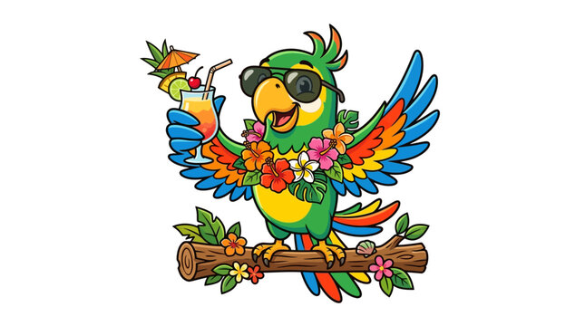 Cheerful cartoon parrot wearing sunglasses and floral lei holding tropical drink on tree branch for summer vacation themes